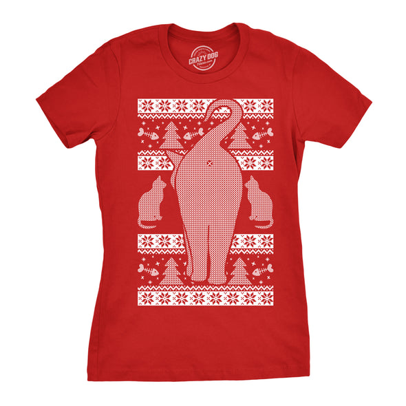 Womens Festive Cat Butt Ugly Christmas Sweater T Shirt Funny Holiday Party Tee