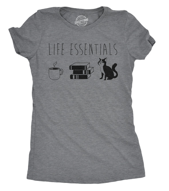Womens Life Essentials T shirt Funny Coffee Cat Mom Lover Cute Graphic Ladies