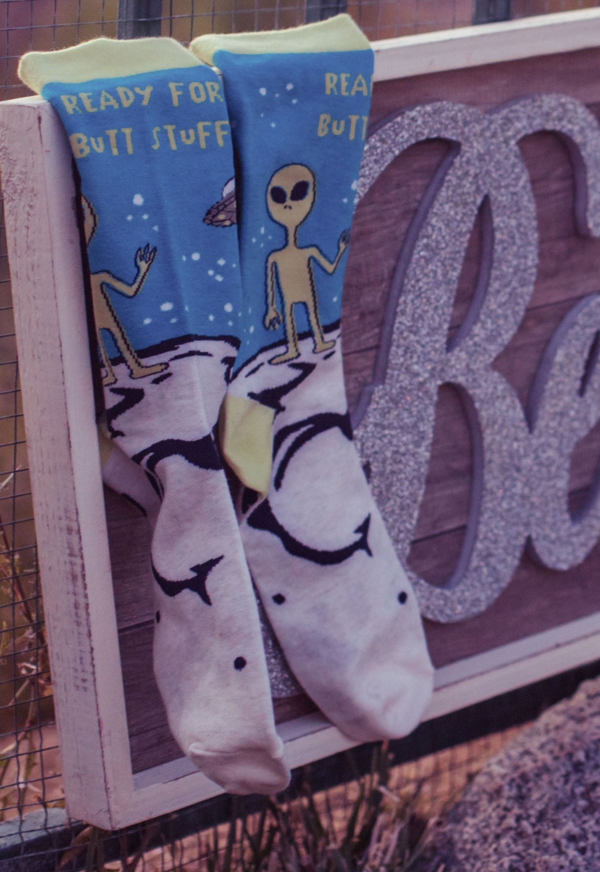 Men's Ready For Butt Stuff Socks Funny UFO Alien Probe Novelty Outer Space Footwear