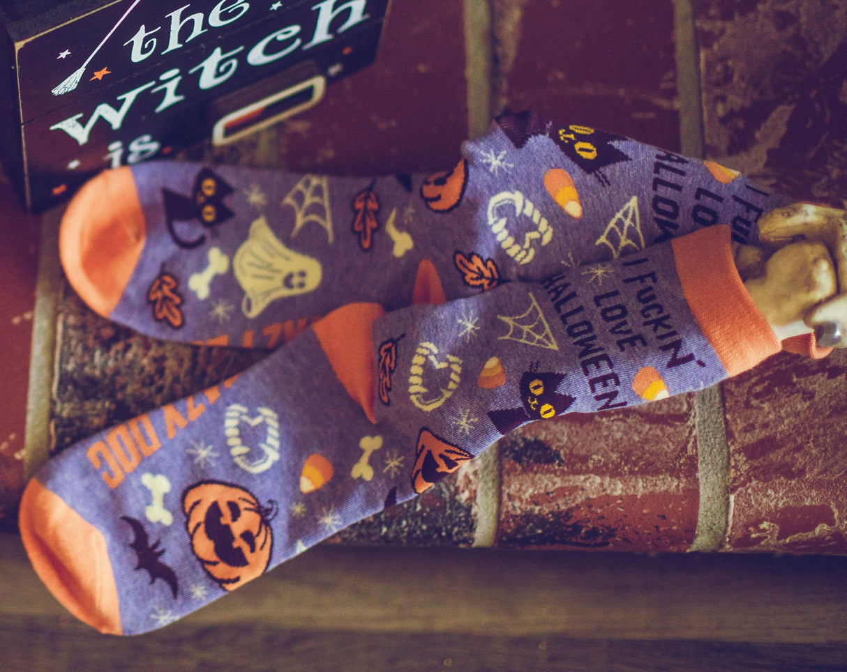 Women's I Fucking Love Halloween Socks Funny Spooky Costume Party Novelty Ghost Black Cat Footwear